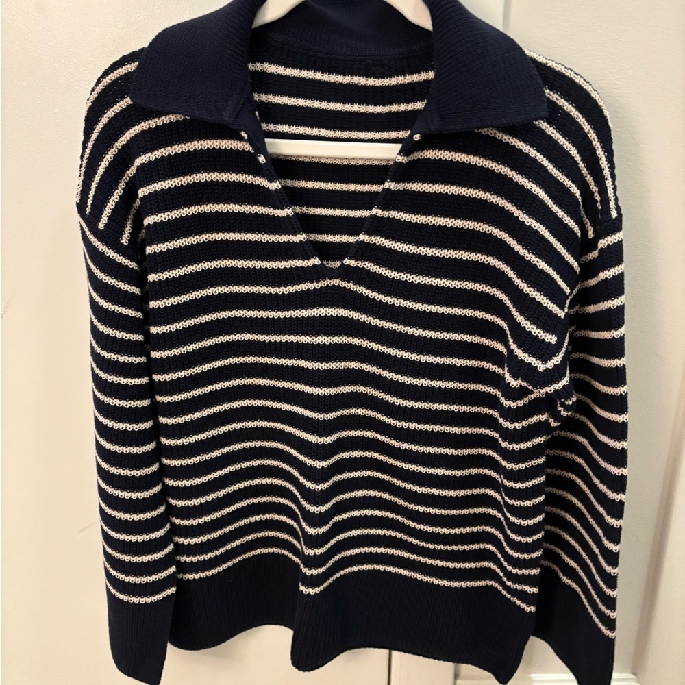 J Crew Navy and White Striped V Neck Pullover Sweater